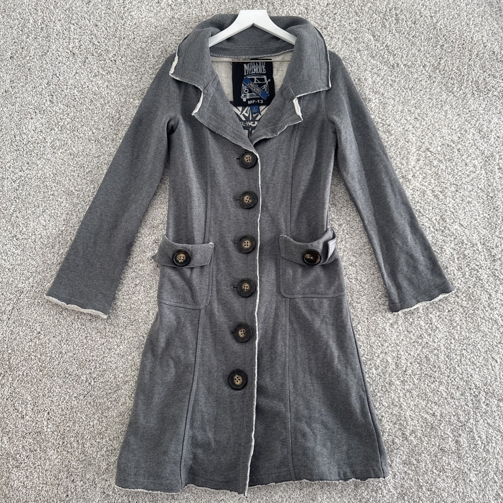 Millard Fillmore Anthropology Womens Small Dark Gray Cotton Long Coat Trench